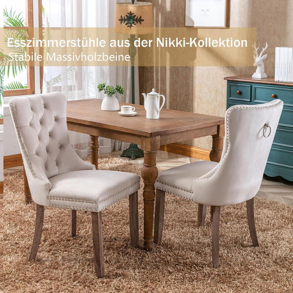 ESSZIMMERSTÜHLE 6er-Set Samt Beige mit Massivholzbeinen - Beige, Textil (50/95.2/62cm)