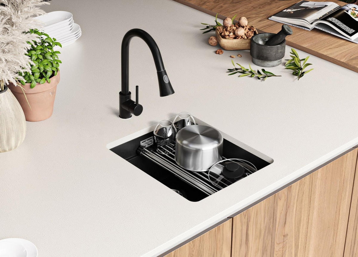 UNTERBAUSPÜLE GRANIT Praga, 2-er set Schwarz 41/47 cm 1 Becken + Küchenarmatur 40/38 cm + Ablauf-Set + Aufrollbare Abtropffläche ab 45er Unterschrank - Chromfarben/Schwarz, Kunststoff (41/20/47cm) - Primagran