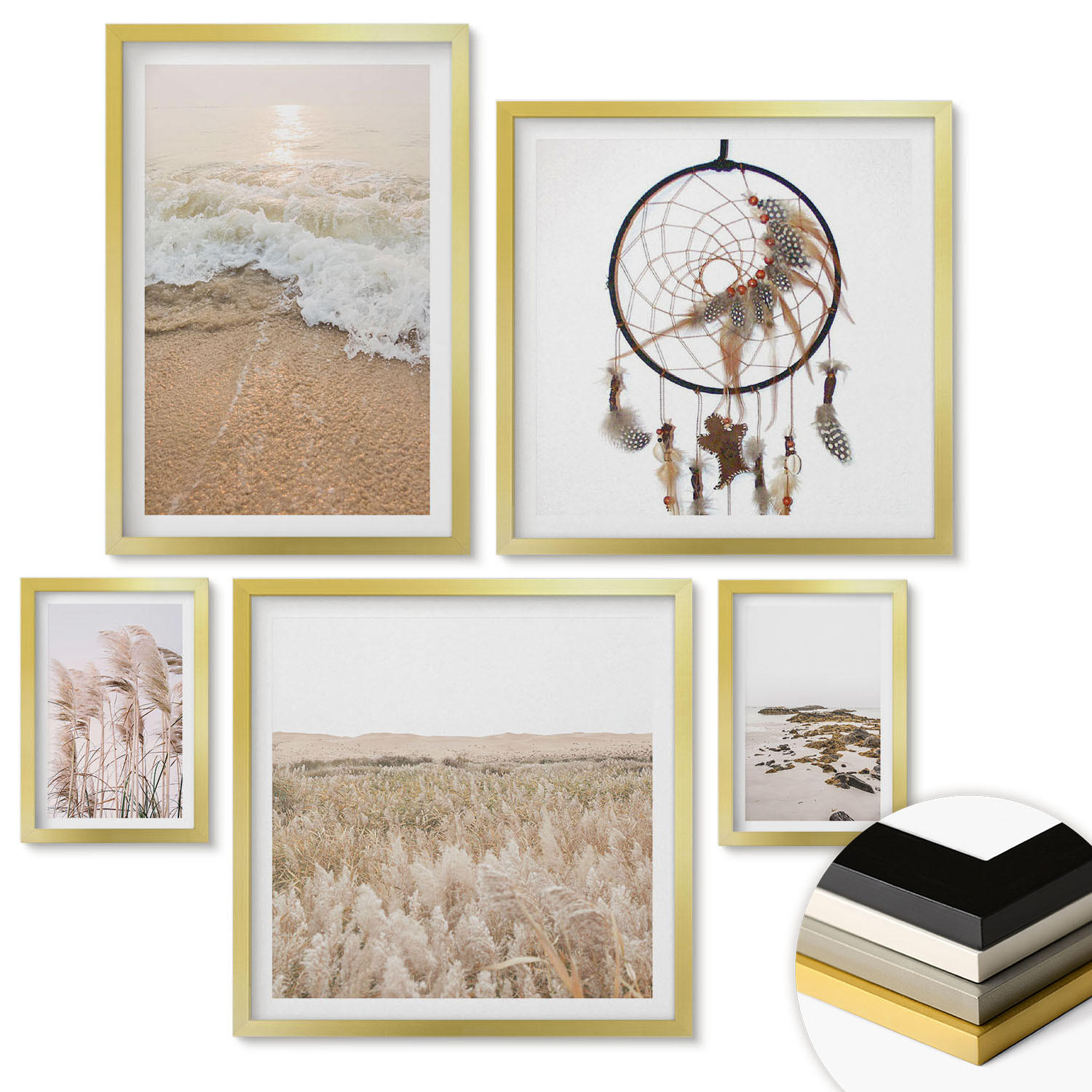 WANDBILDER 5er Set - 50x50 cm & 20x30 cm & 40x60 cm Goldrahmen - Strandgras, Wellen, Steine, Boho-Stil - Goldfarben, Kunststoff (40/60cm) - ArtPrintCave