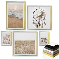 WANDBILDER 5er Set - 50x50 cm & 20x30 cm & 40x60 cm Goldrahmen - Strandgras, Wellen, Steine, Boho-Stil - Goldfarben, Kunststoff (40/60cm) - ArtPrintCave