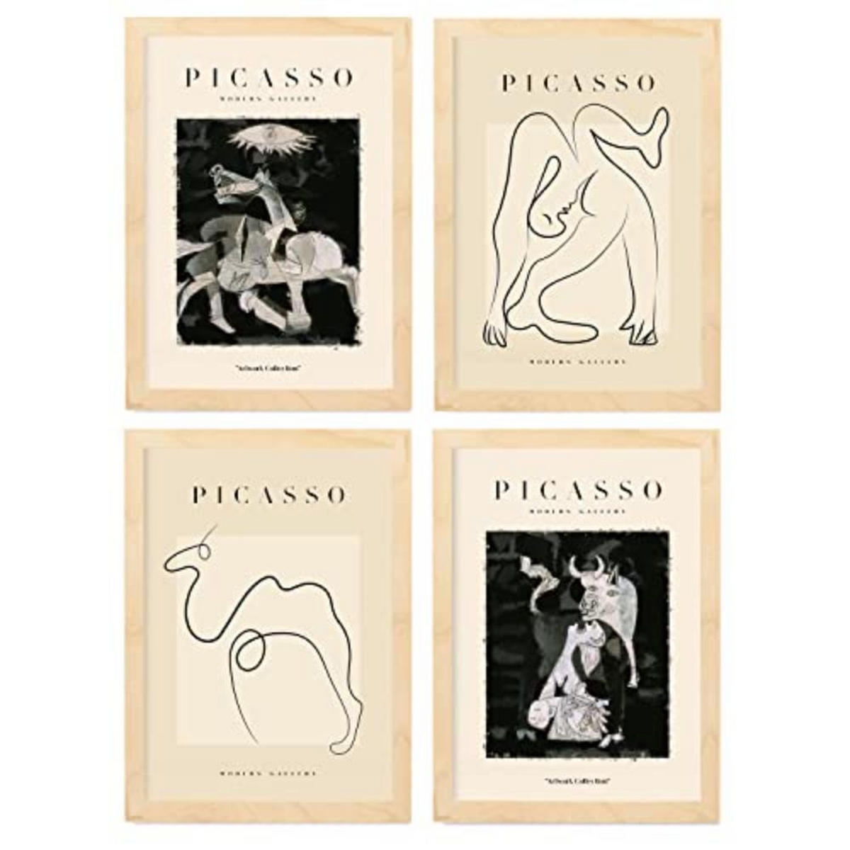 POSTER Set mit 4 Picasso Noir Tristeza Sammlung A4 Rahmen aus hellem Holz - Beige, Papier (29.7/3cm) - Nacnic