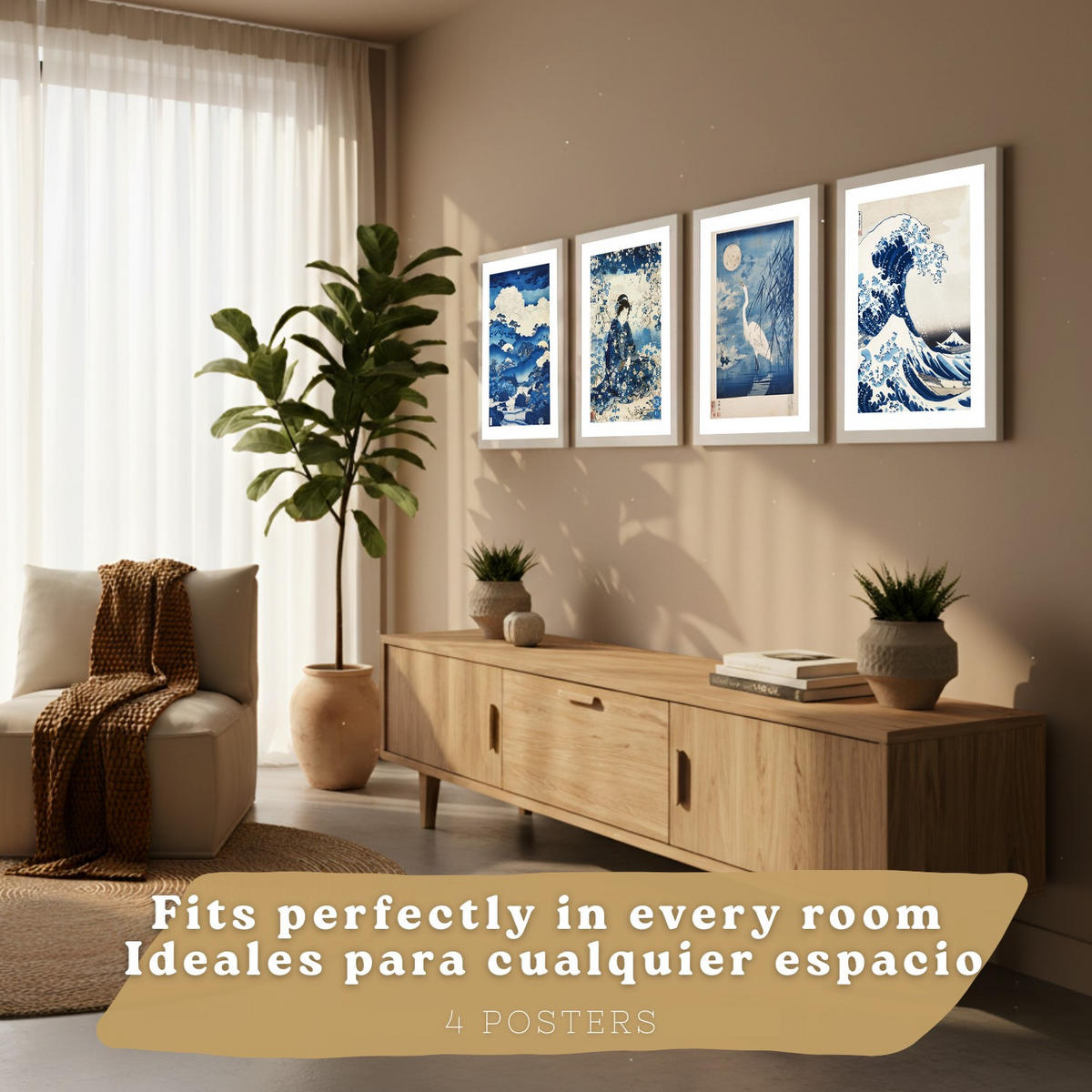 PLAKAT Sada 4 Japan Blue A4 bez rámu - čirá, papír (29.7/1/21cm) - Nacnic