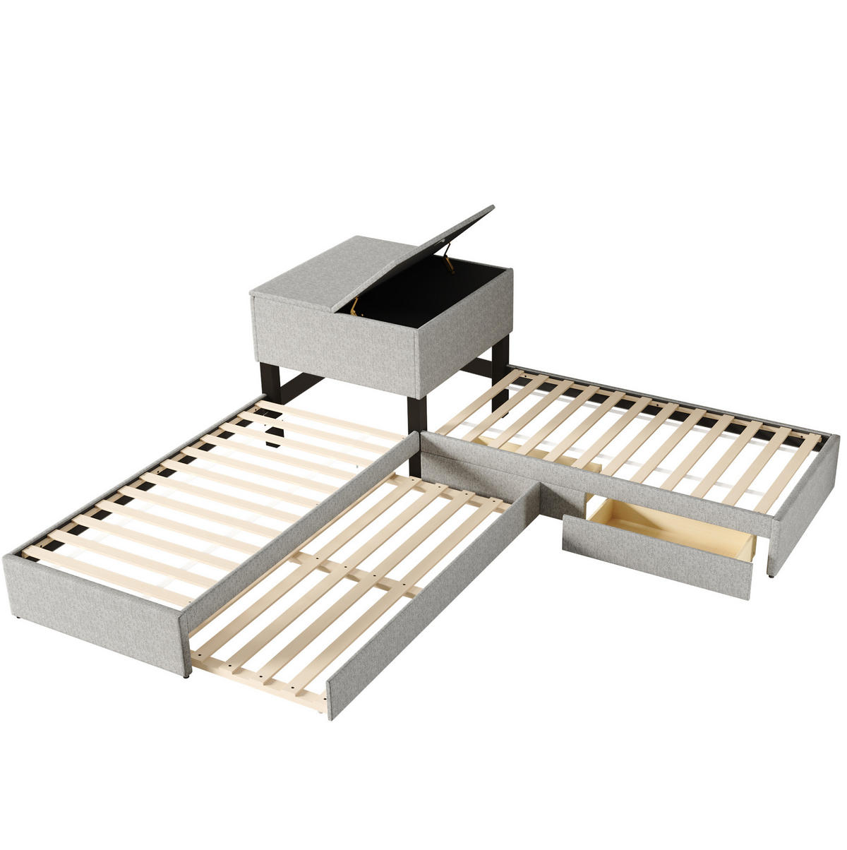 POLSTERBETT 90/200 cm grau aus Leinen mit Ausziehbett und Stauraum - Grau, Holzwerkstoff (90/200cm) - OKWISH