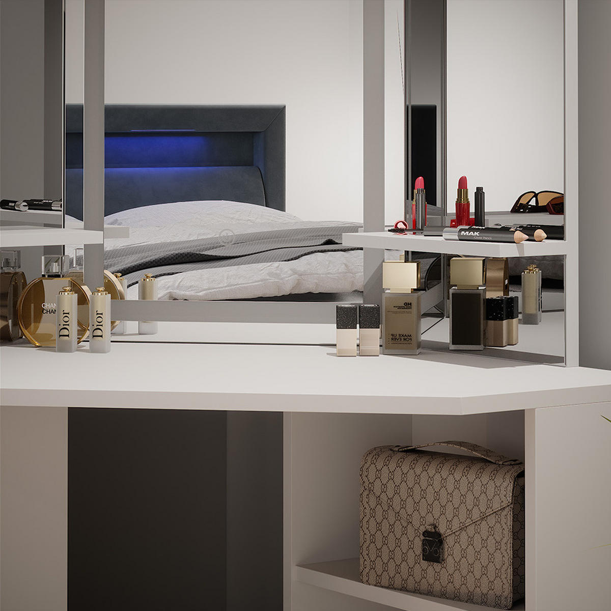ECKSCHMINKTISCH Arielle Weiß 110 cm mit LED-Spiegel und Hocker - Weiß, Holzwerkstoff (110/141.5/54cm) - Vicco