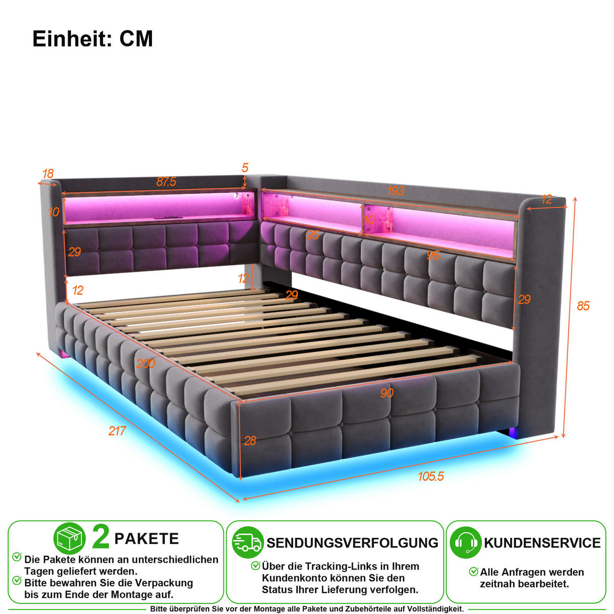 SCHLAFSOFA 90/200 cm in Grau Samt mit Bettkasten, Regal, LED, USB und Type-C - Dunkelgrau, Holzwerkstoff/Textil (90/200cm) - CHICFURN