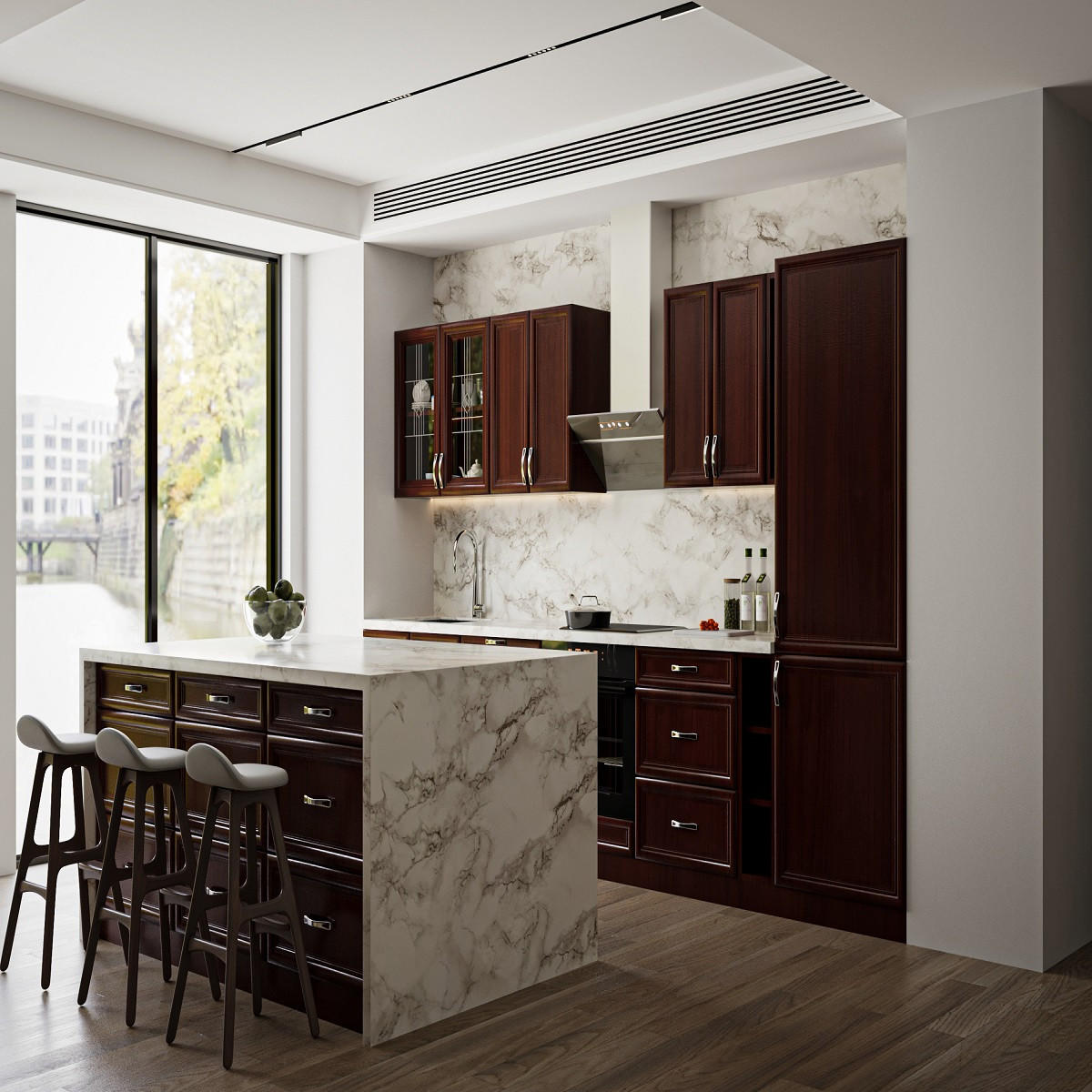 KÜCHENZEILE Mit Insel 340 cm - Sycylia K29-M340 - in Milano Walnuss - Braun, Holz/Metall (340/212/60cm)