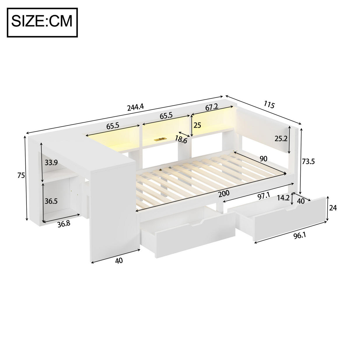 BETT aus MDF und Sperrholz 90x200 cm Weiß mit USB, Steckdosen, LED-Beleuchtung, Schubladen und gepolstertem Kopfteil - Weiß, Holzwerkstoff (90/200cm) - Modfu