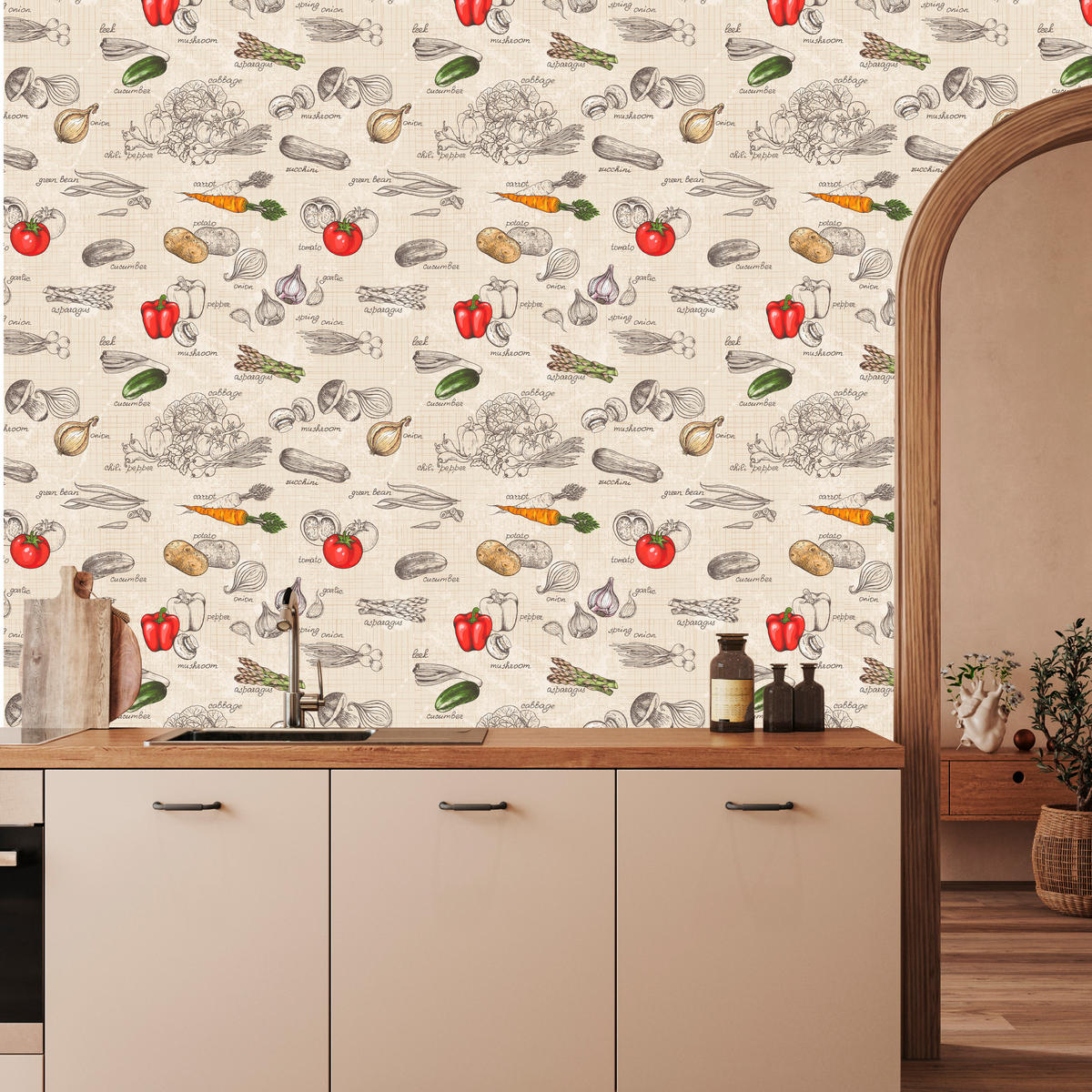 VLIESTAPETE Gemüse und Schriftzüge im Retro-Stil – Bunt, Beige – 50x1000 cm - Beige/Multicolor, Papier (50/1000cm) - Muralo