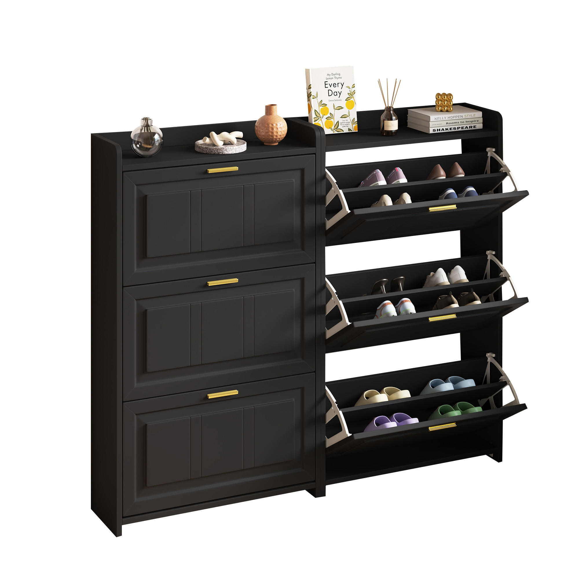 SCHUHSCHRANK 70/24/120 cm schwarz aus MDF/Spanplatte mit 3 Klapptüren 2er-Set - Schwarz, Holzwerkstoff (70/120/24cm) - OKWISH