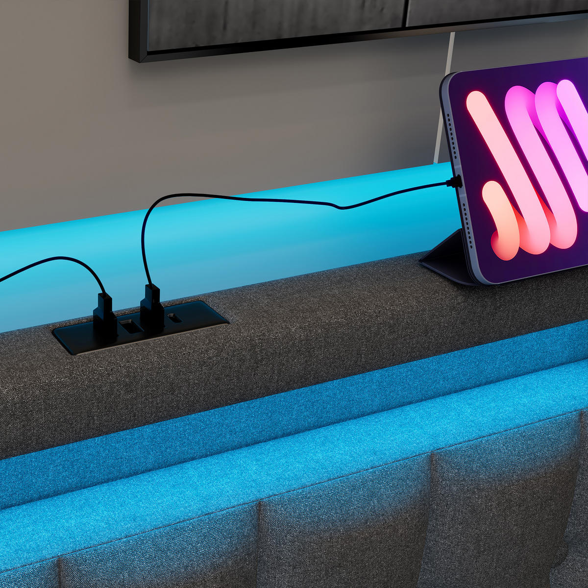 POLSTERBETT 90/200 cm in Grau Leinen mit LED, USB, Type-C und 2 Schubladen - Grau, Holzwerkstoff/Textil (90/200cm) - WISHDOR
