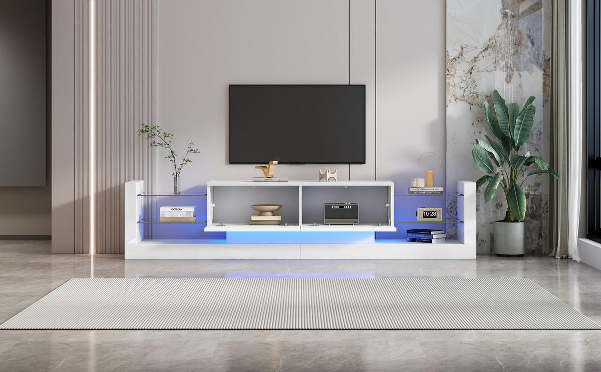 TV-SCHRANK 181/38/38 cm weiß Spanplatte mit LED-Beleuchtung und zwei klappbaren Schubladen - Weiß, Holzwerkstoff (181/38/38cm) - OKWISH