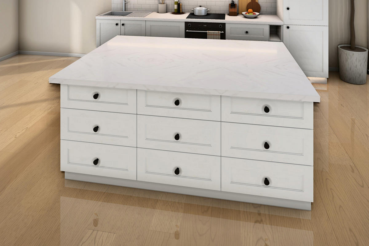 INSELKÜCHE Provence Andersen Pinie – 340 cm + Insel 180 cm – K27-G340 - Schwarz/Pinienfarben, Holzwerkstoff/Metall (340/212/60cm) - ROYAL24_MARKT
