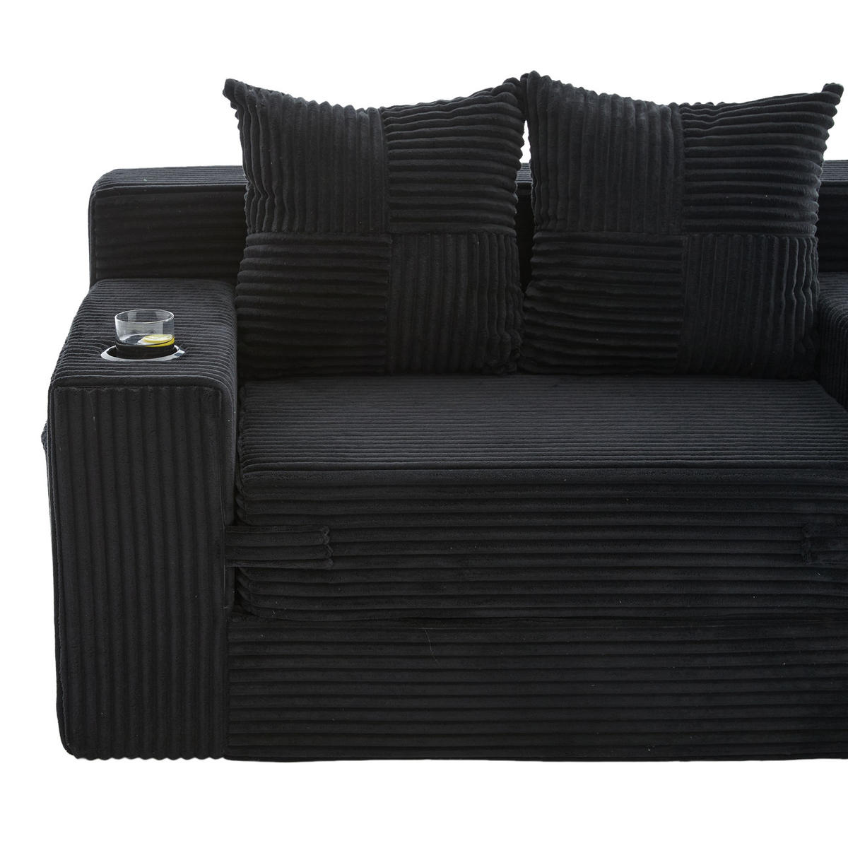 SCHLAFSOFA 2-in-1 mit Hocker, 2 Kissen und Becherhalter, DE-42913, Schwarz - Schwarz, Textil (133/64/87cm) - ComfortXL