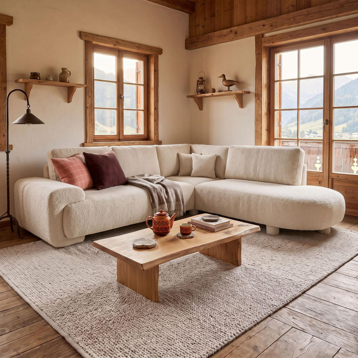 4-SITZER Ecksofa MIRABEL L Rechts 255x285 cm Bouclé Creme - Creme, Holz/Kunststoff (255/285cm) - Muffo
