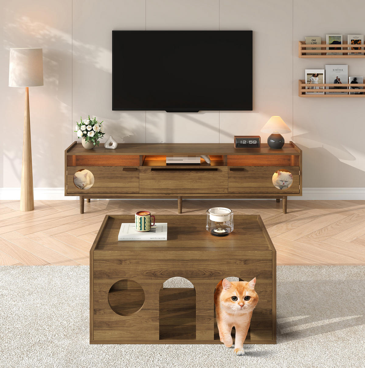 NÍZKÁ komoda z MDF, 180/40/50 cm, ořechová barva, s LED osvětlením a prostorem pro kočku - barva vlašského ořechu, kompozitní dřevo (180/50/40cm) - BEAOK