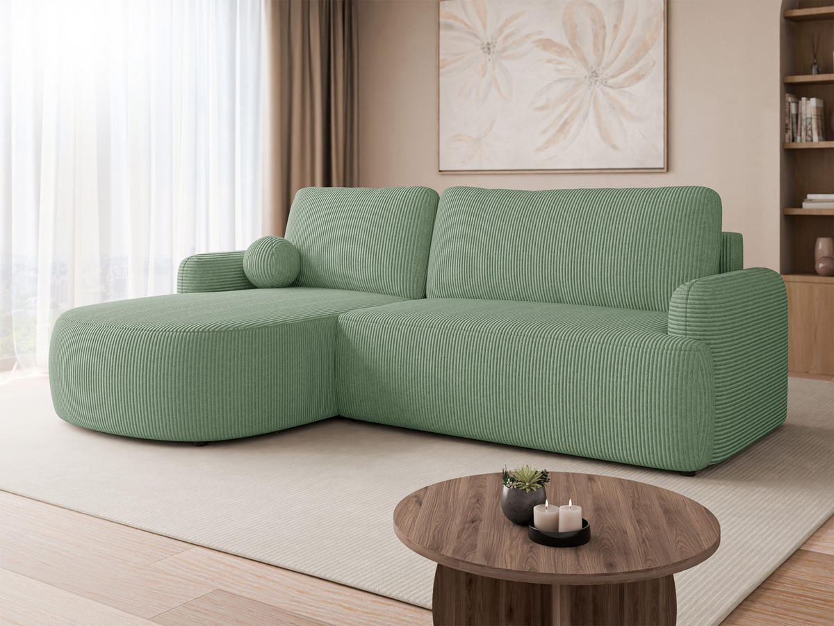 ECKSOFA Loridu Cord, Seite: Links - Schwarz/Mintgrün, Holz/Kunststoff (250/174cm) - MIRJAN24