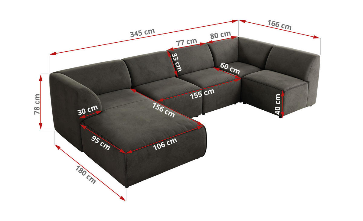 WOHNLANDSCHAFT MODARO U 5M - Dunkelgrau Velvet - Links - Dunkelgrau/Schwarz, Textil (180/78/345cm) - MKS