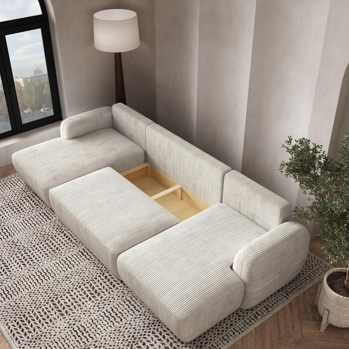 WOHNLANDSCHAFT SAVONA P Creme Kordstoff mit Schlaffunktion - Creme, Holz (320/90/148cm) - MASSENO