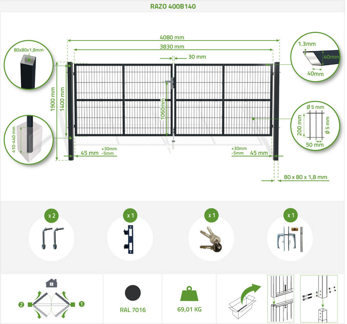 ZAUNTOR Grau Razo 4m H.140cm + TÜRCHEN 1m H.140cm - Grau, Metall (408/146cm) - Casanoov