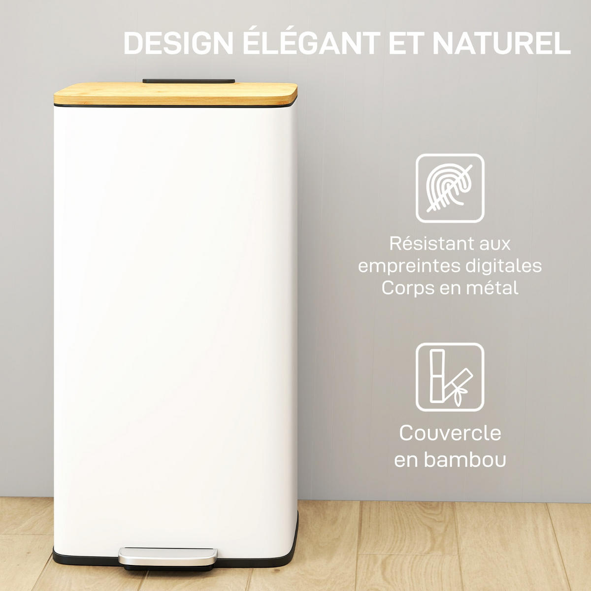 MÜLLEIMER 20L WEIß Treteimer mit Bambusdeckel 29,5/29,5/56,8 cm Metall - Weiß, Metall (29.5/56.8/29.5cm) - Rolipo