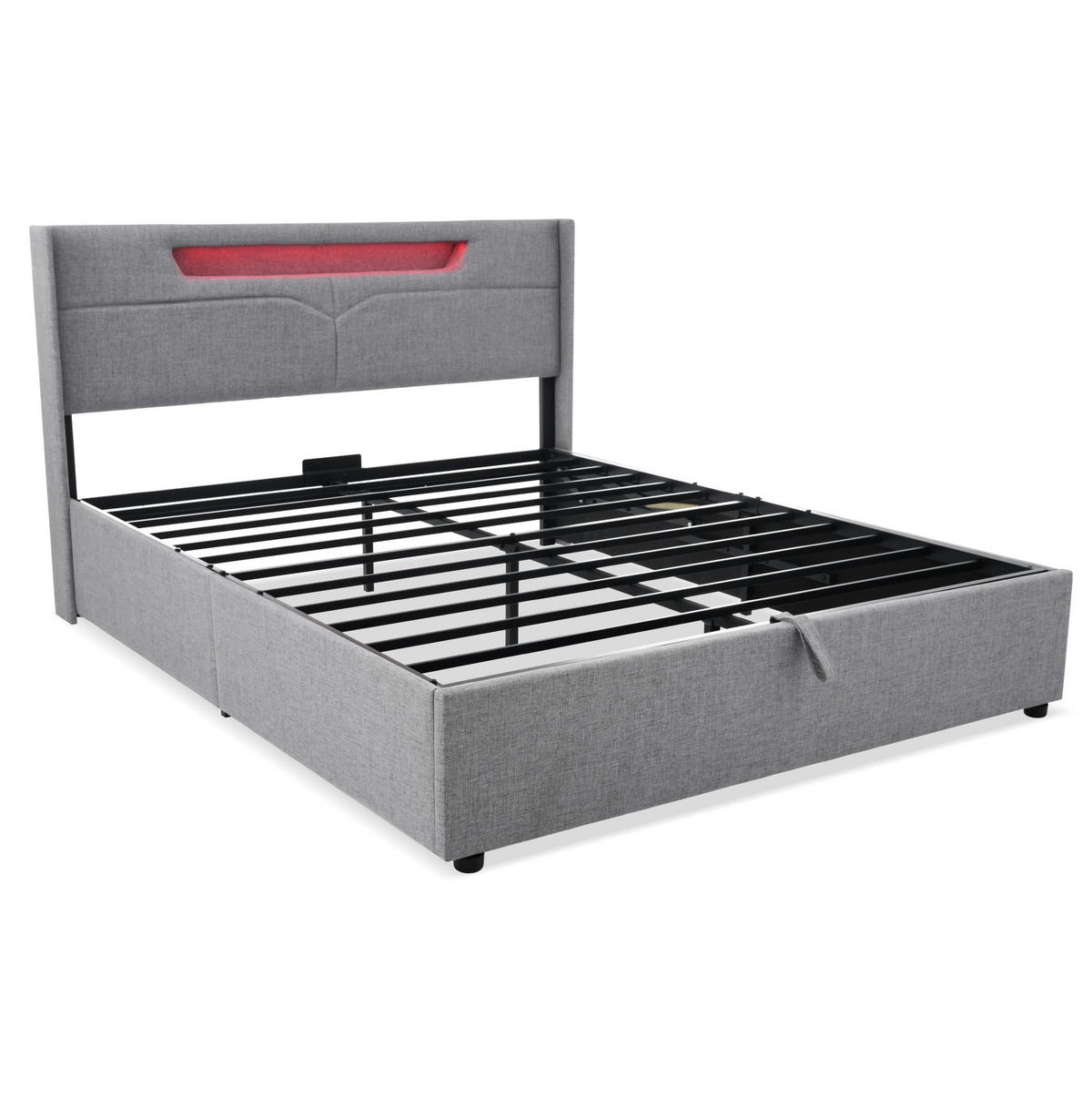 POLSTERBETT 160/200 cm grau aus Leinen mit LED, USB-C und Stauraum - Grau, Textil (160/200cm) - OKWISH