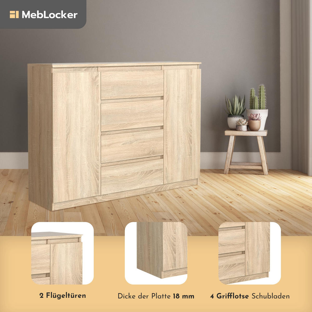 KOMMODE mit 4 Schubladen 2 Schranktüren 140 cm SonomaEiche - Sonoma Eiche, Holzwerkstoff (138.6/101.5/39cm) - MebLocker
