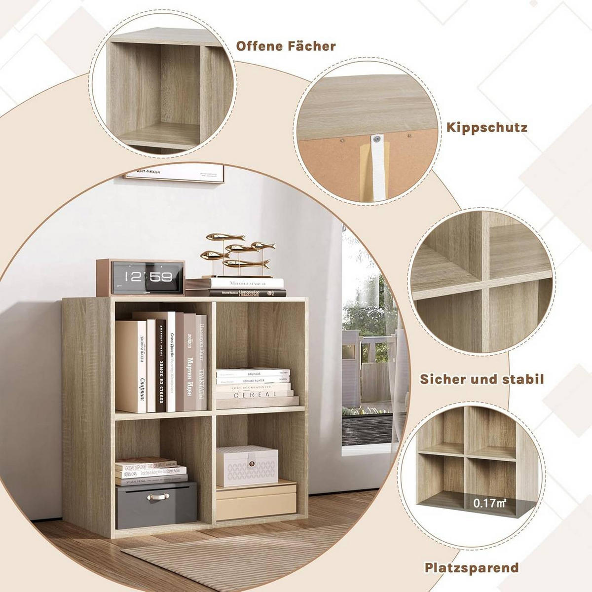 BÜCHERREGAL mit 4 Fächer, Holzwerkstoff, Helle Eiche - Eichefarben, Holzwerkstoff (59.6/59.8/29cm) - Woltu