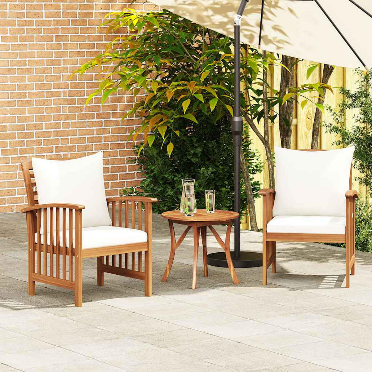 GARTENSTÜHLE mit Crème Kissen, 59/67/83 cm, aus massivem Akazienholz, 2er-Set - Creme/Braun, Holz/Textil (59/83/67cm) - vidaXL