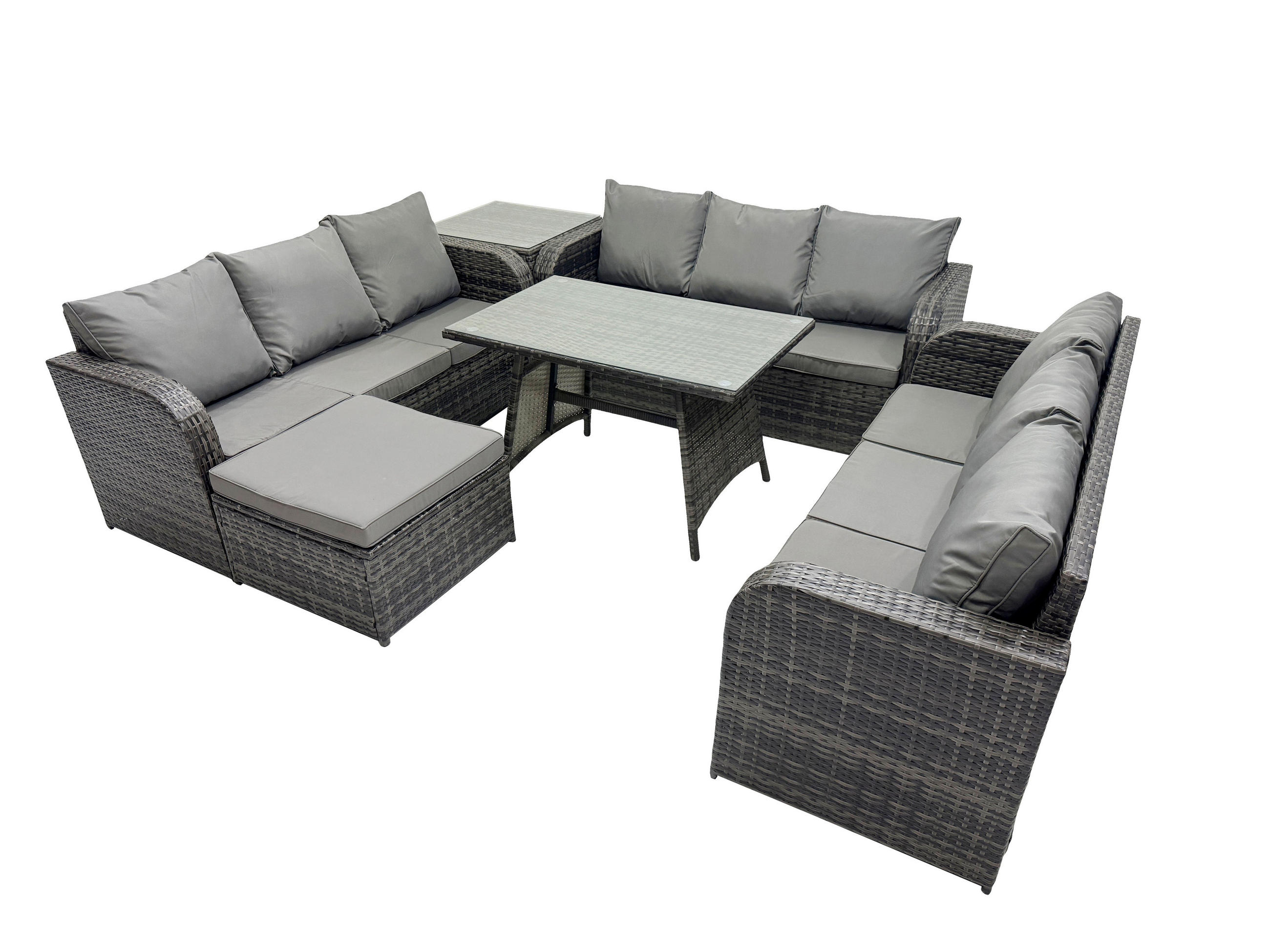 GARTENMÖBELSET mit ESSTISCH, 3-SITZER SOFA Polyrattan 10-Sitzer - Dunkelgrau/Grau, Glas/Kunststoff - Fimous