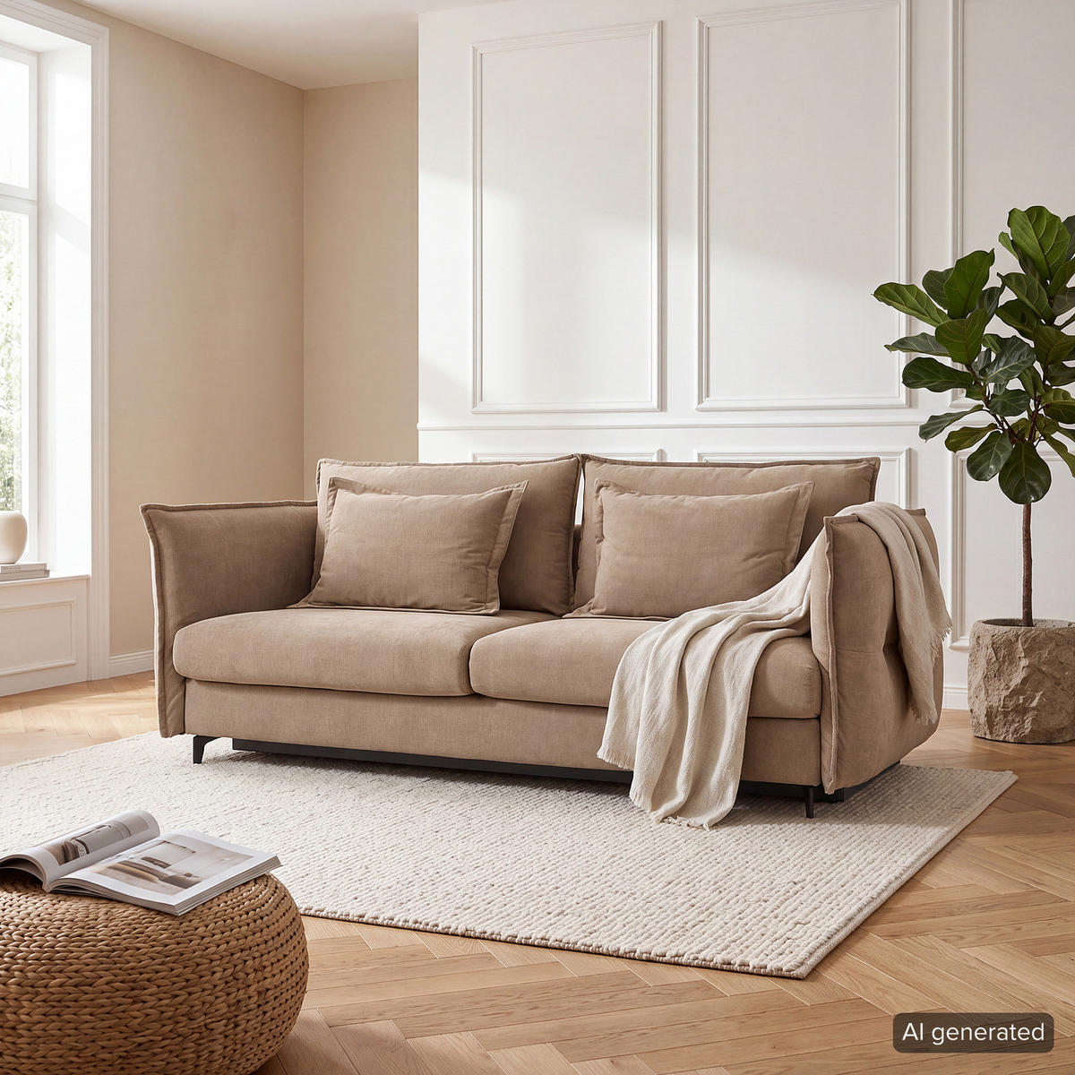 SCHLAFSOFA - Webstoff - Hellbraun/Schwarz, Textil/Metall (256/101/115cm) - home24