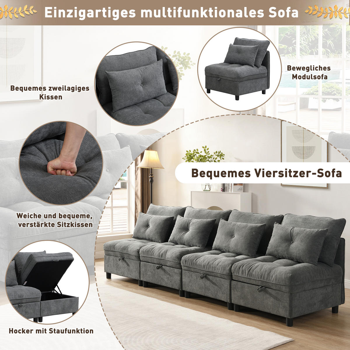 ECKSOFA 274/76/87 cm Antikgrau mit Stauraum - Dunkelgrau, Textil (274/76cm) - Oxeza