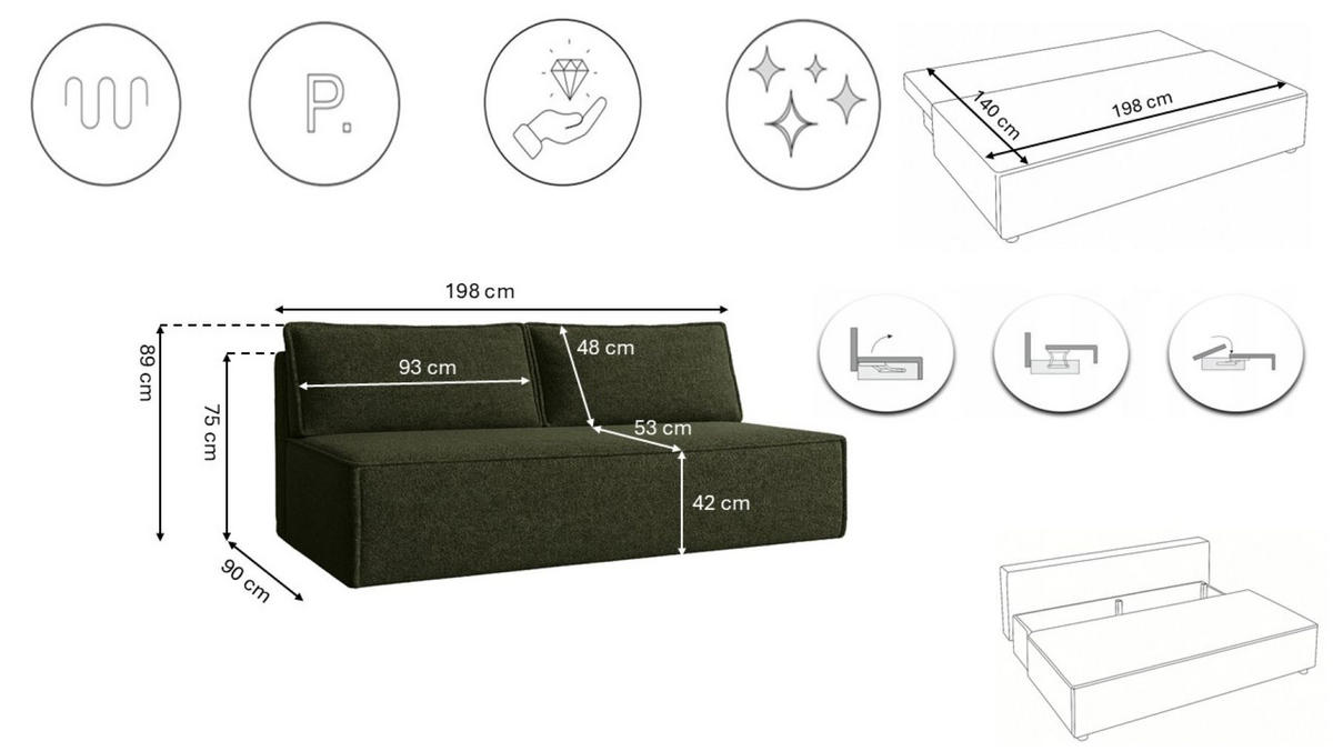SCHLAFSOFA Mit Bettkasten DUO Stoff Verita Dunkelgrün - Dunkelgrün, Holz/Kunststoff (198/89/90cm) - Kaiser Möbel