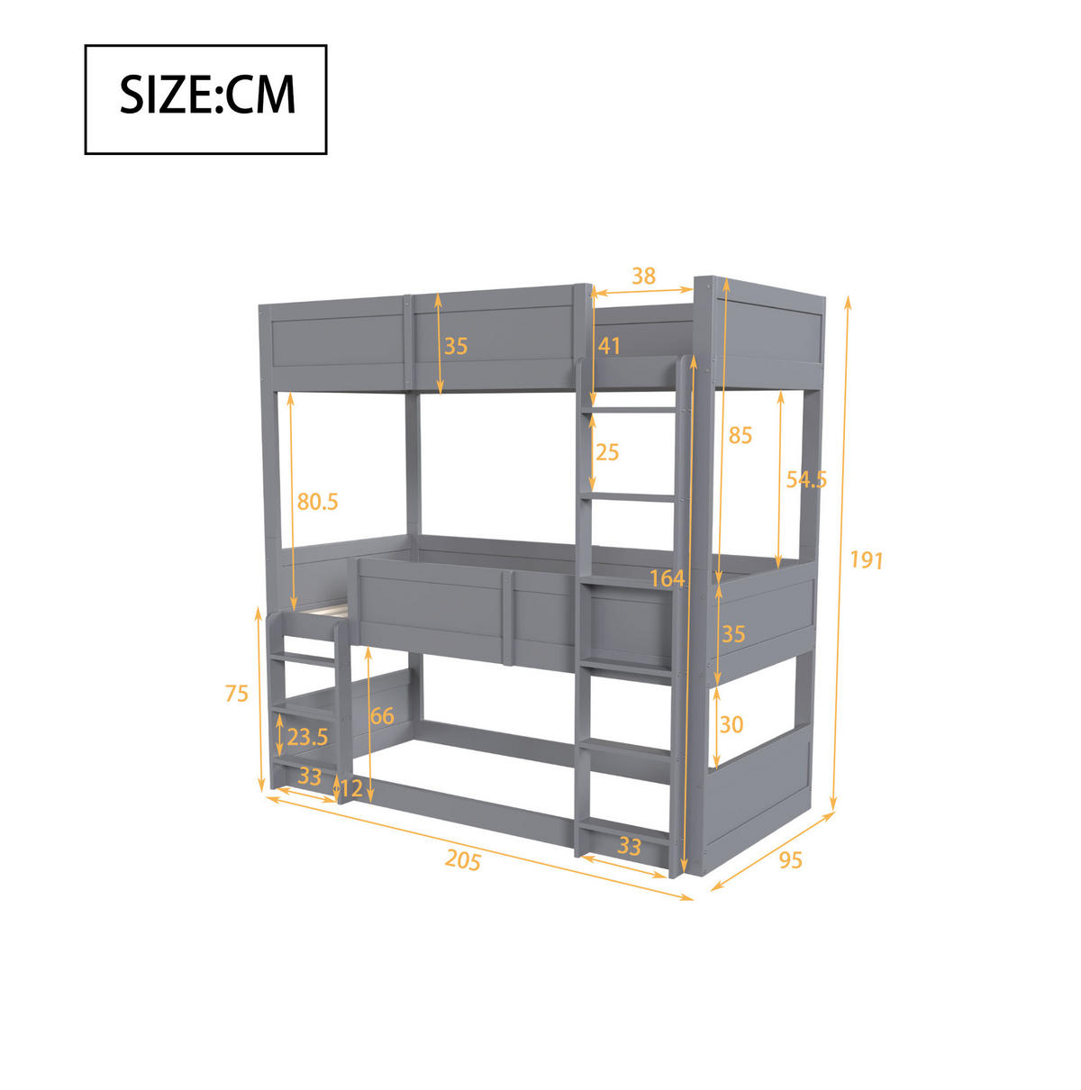 HOCHBETT 90/200 cm Grau aus Massivholz mit 3 Schlafplätzen - Grau, Holz (90/200cm) - MIVRAY