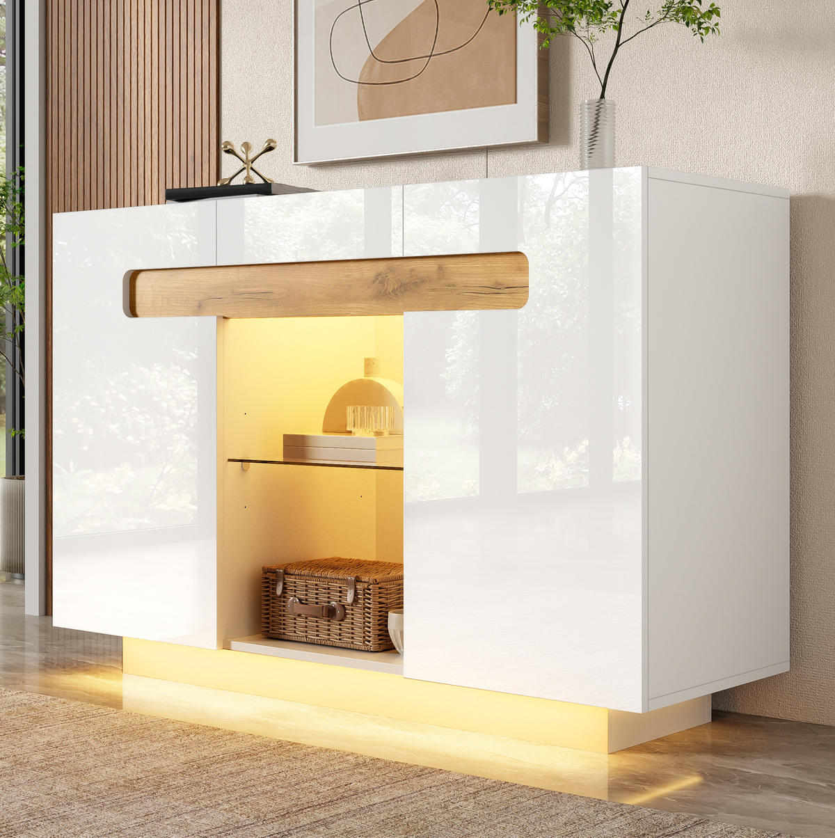 SIDEBOARD 120/40/80 cm Weiß/Natur aus Spanplatte und Glas mit LED - Weiß, Glas (120/80/40cm) - OKWISH