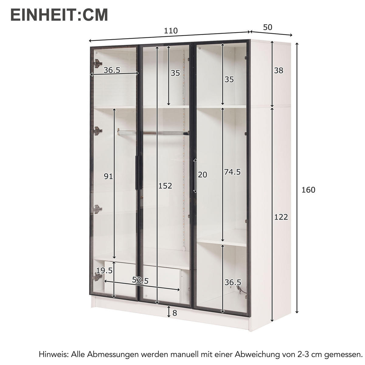 HIGHBOARD in Weiß Kleiderschrank mit 3 Glastüren, 1 Schublade und 1 Kleiderstange für Schlafzimmer, B110/T50/H160cm - Transparent/Weiß, Glas/Holzwerkstoff (110/160/50cm) - STILVORA
