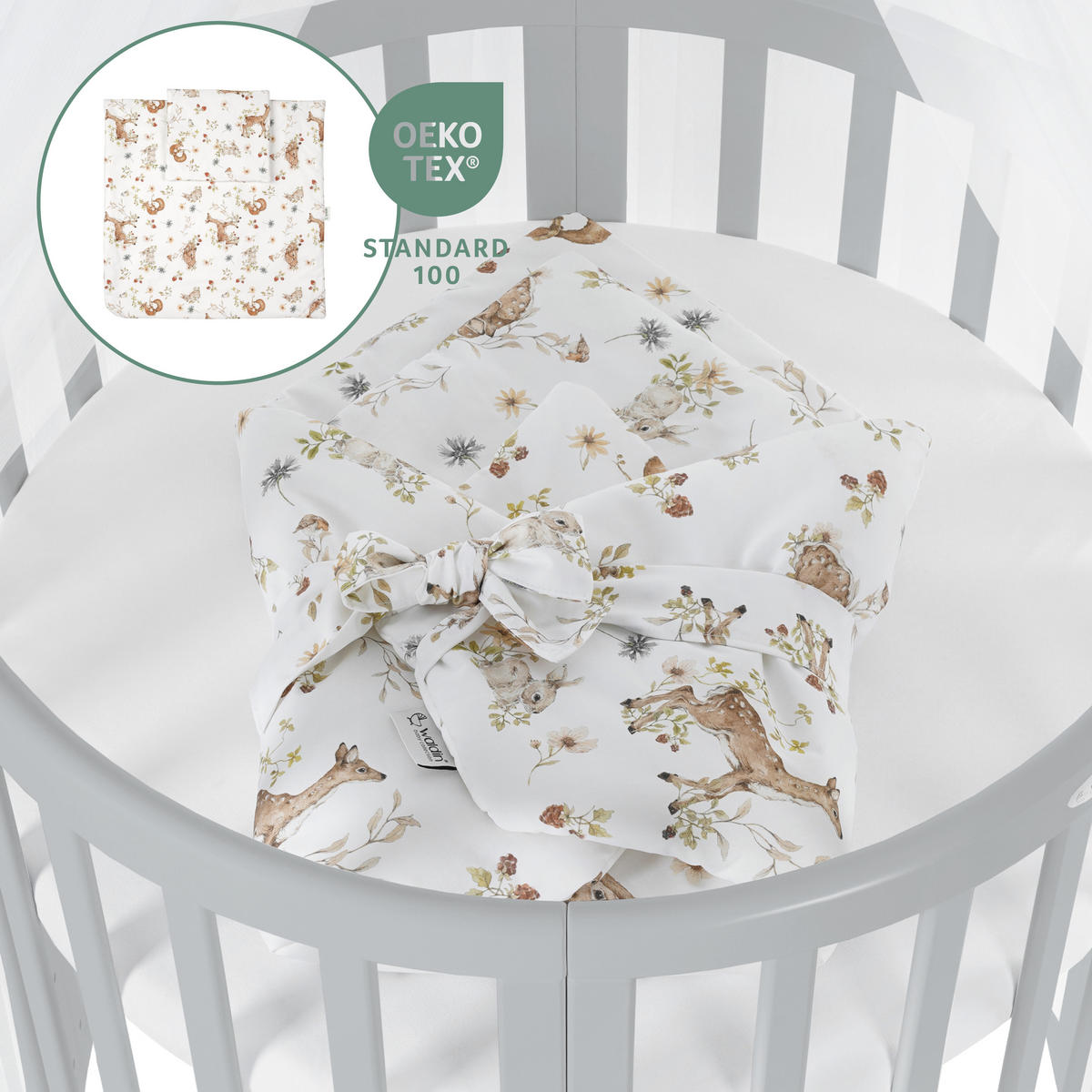BABYBETT GREY OVAL 7in1 mit Matratze und Himmelset - Multicolor/Grau, Holz/Textil