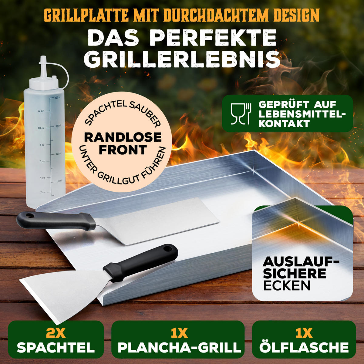 SET PLANCHA GRILLPLATTE Edelstahl inkl. 2 Grillspachteln & Ölflasche - 30x40 cm - Edelstahlfarben, Metall (30/40cm) - Blumtal