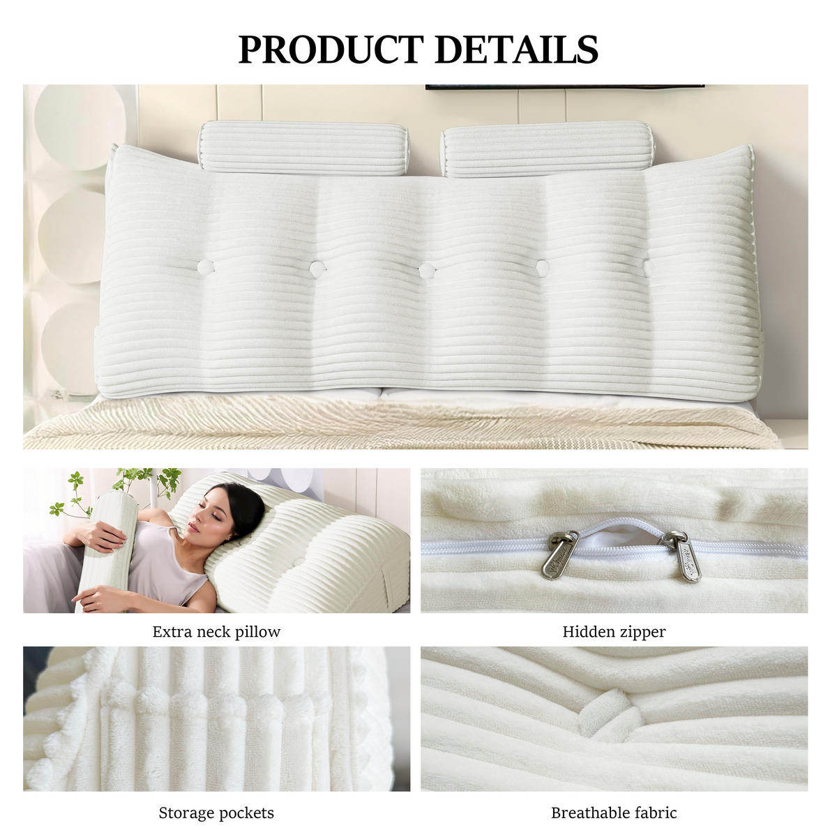 KEILKISSEN mit einem runden Kissen 3er-Set Gestreifter Samt Weiß 160cm - Weiß, Textil (20/160cm) - Vercart