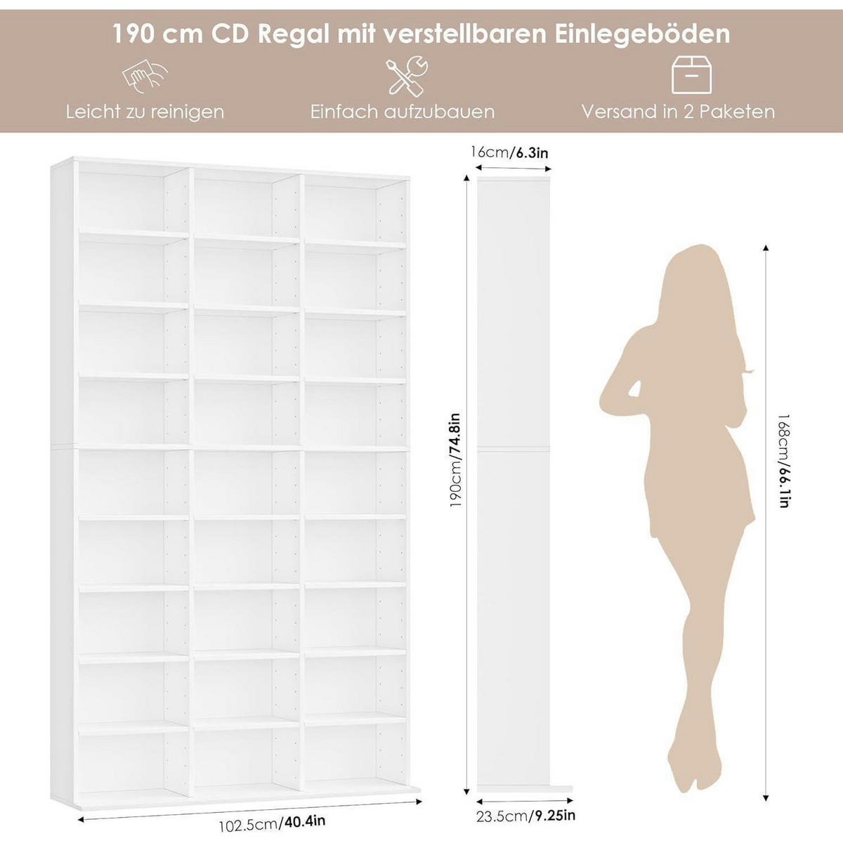 BÜCHERREGAL weiß 102,5 x 23,5 x 190 cm - Weiß, Holzwerkstoff (102.5/190/23.5cm)