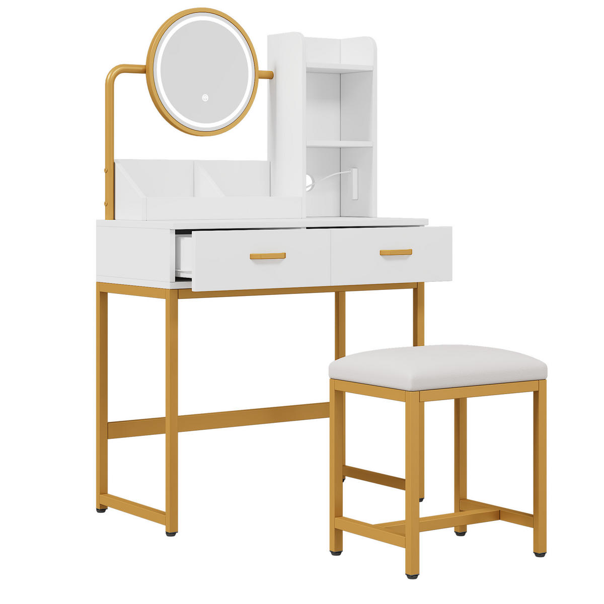SCHMINKTISCH mit LED-Spiegel, Steckdose, Föhnhalterung und gepolstertem Hocker; weiß; 80 × 138,5 × 40 cm - Weiß, Holzwerkstoff (40/138.5/80cm) - Vallsero