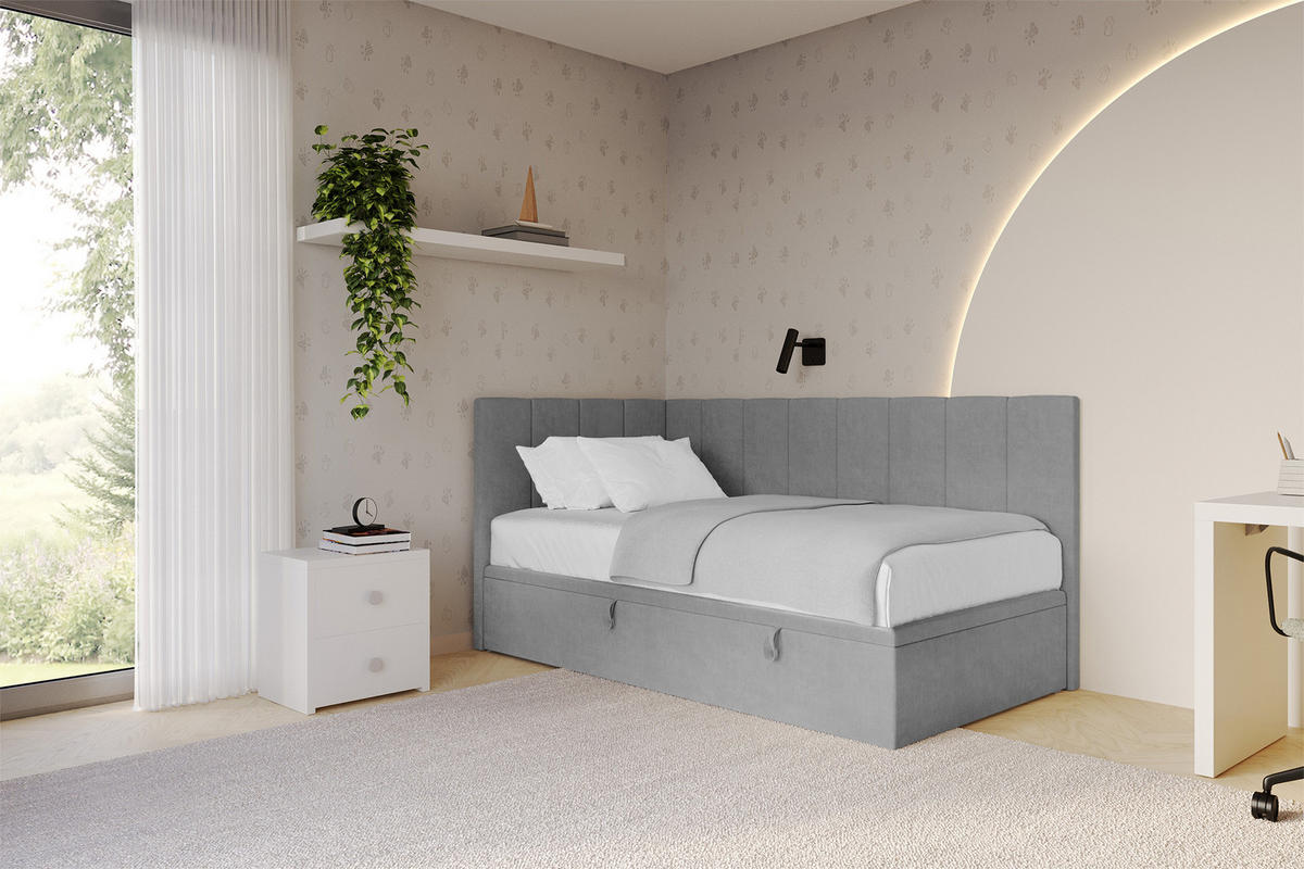 EINZELBETT Jugendbett mit Bettkasten Rechts, ohne Matratze - LOVY 90x200 Grau - Anthrazit, Holzwerkstoff/Textil (90/200cm) - ALTDECOR