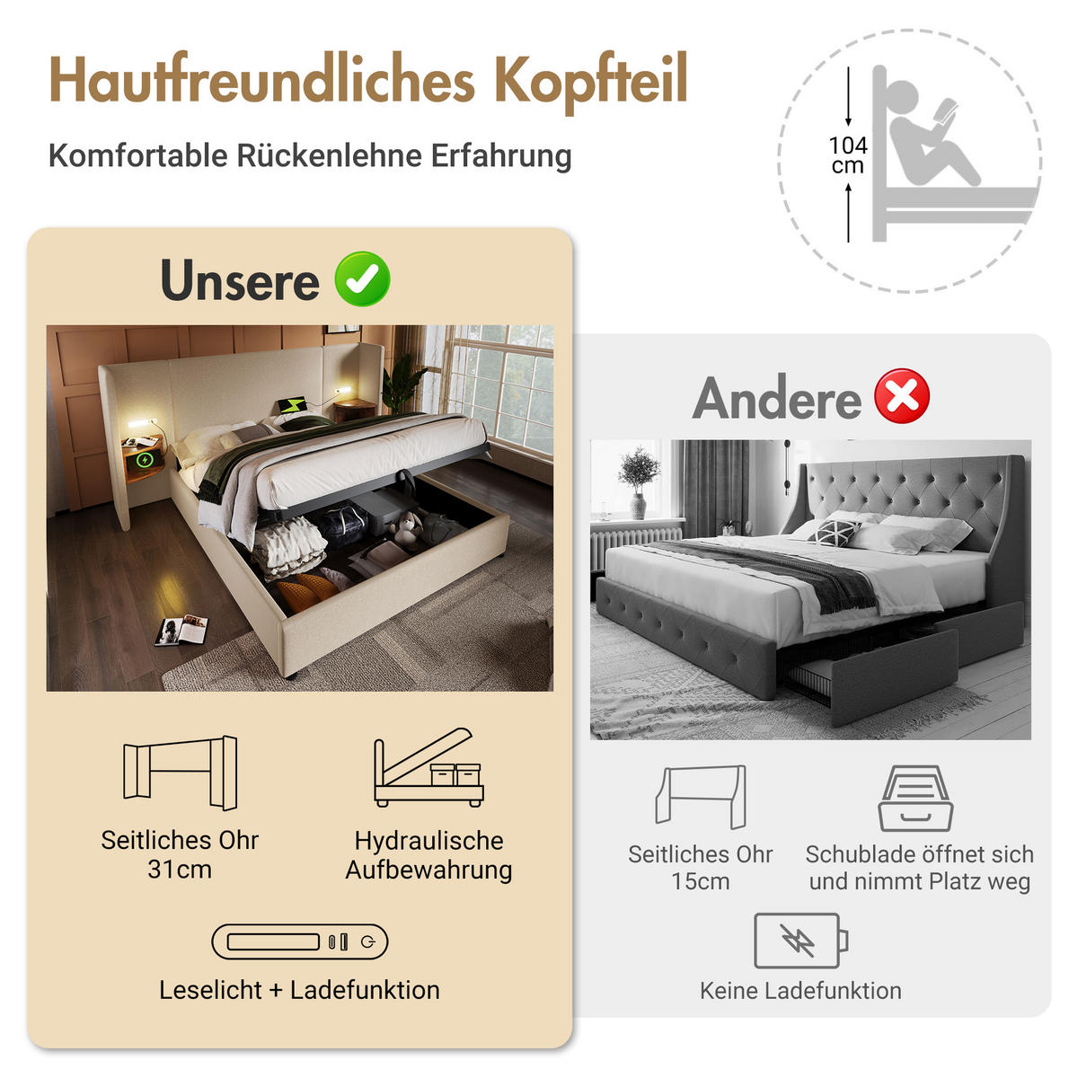 POLSTERBETT aus Leinen 160/200 cm mit Leselampe, USB- und Type-C-Anschluss, Bettkasten und Regal-Kopfteil,und Matratze, Beige - Beige, Textil (160/200cm) - Redom