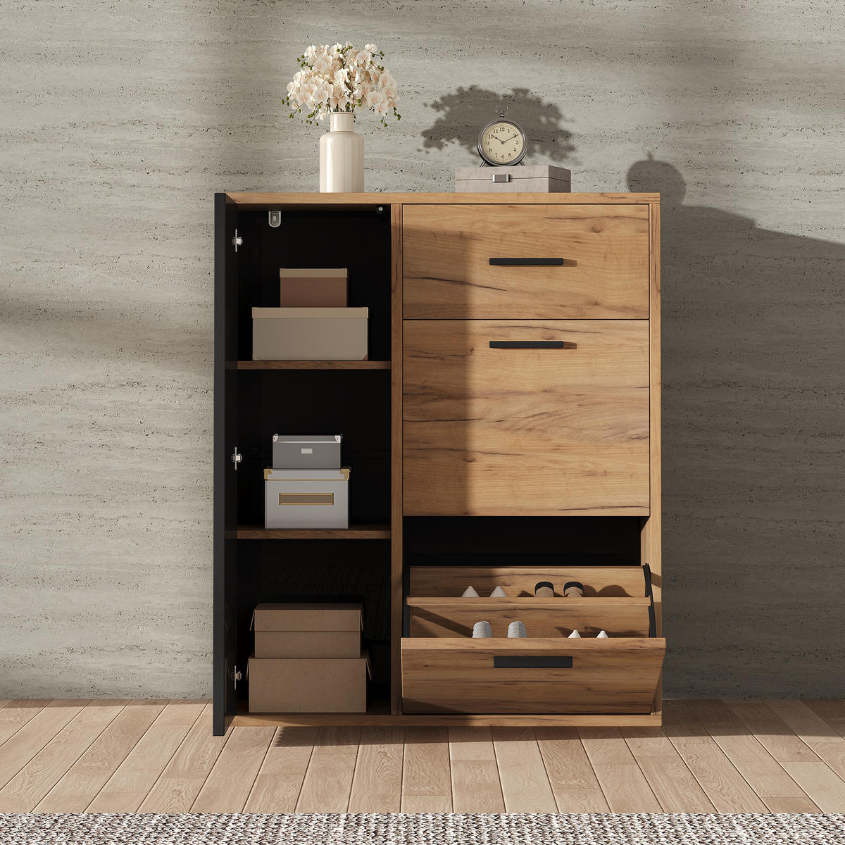 SCHUHSCHRANK Modern verstellbar Schwarz Natur 80x24x95.5cm - Multicolor, Holzwerkstoff (24/95.5/80cm) - FLIEKS