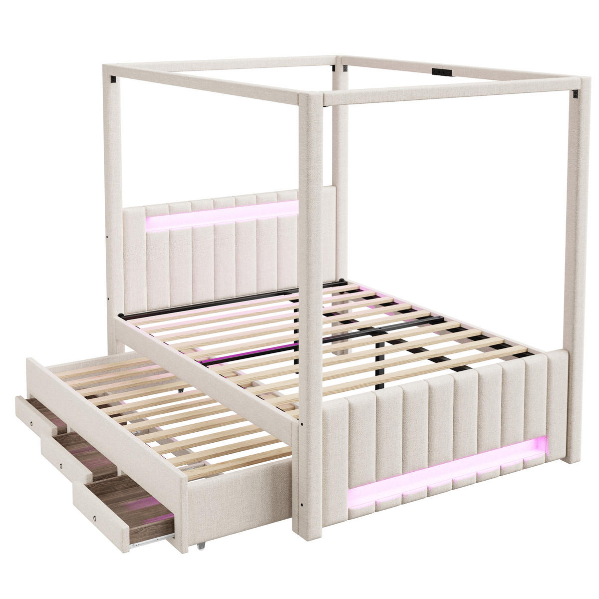 POLSTERBETT 140/200 cm in Beige mit Ausziehbett, 3 Schubladen und LED Leinen Himmelbett - Beige, Holzwerkstoff/Textil (140/200cm) - STILVORA