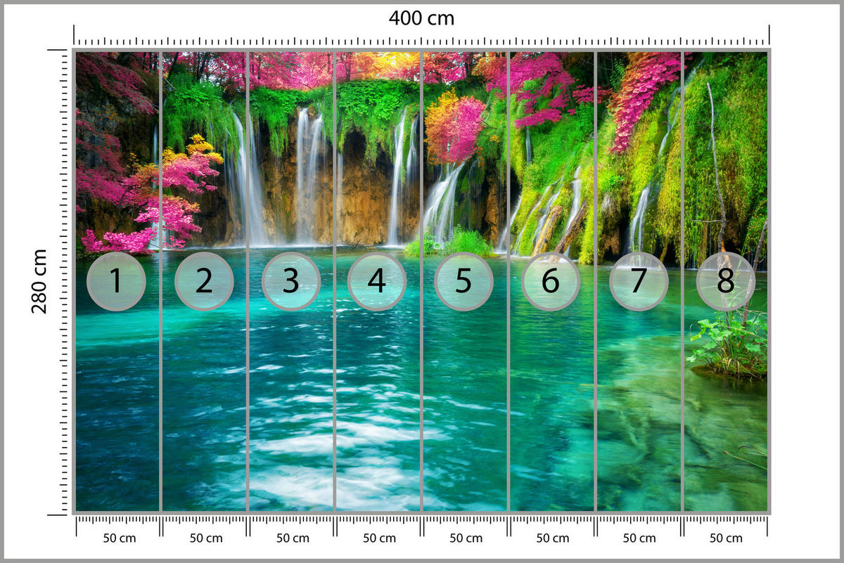 FOTOTAPETE für Küche Exotischer Wasserfall Bäume Pflanzen Tropisch 400x280 - Türkis/Violett, Papier (400/280cm) - Muralo