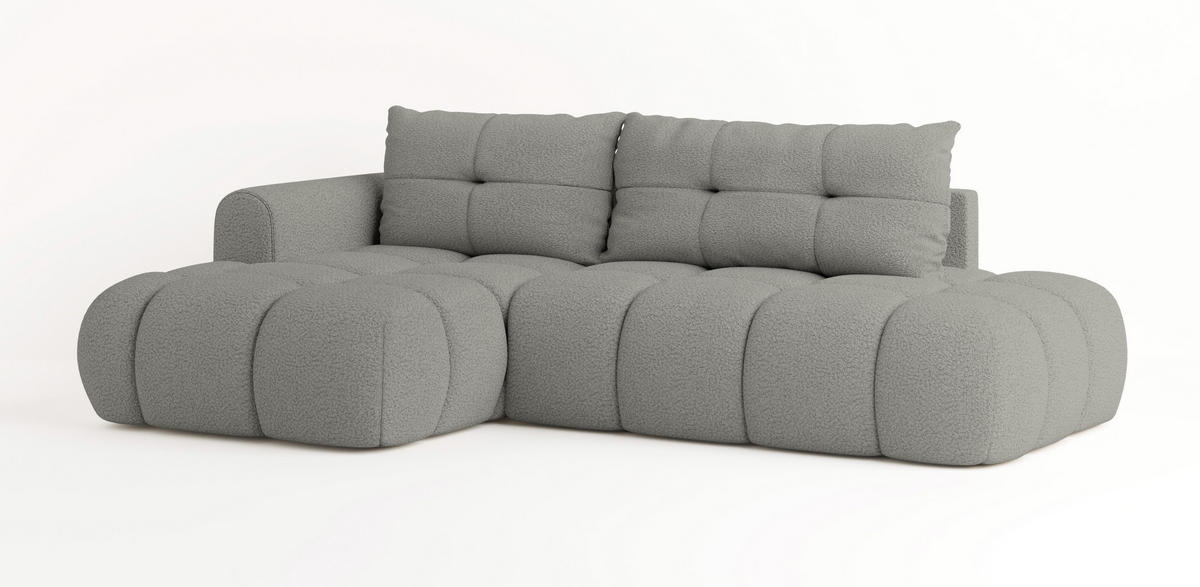 ECKSOFA FLUMA L-S Hellgrau Boucle-Stoff mit Schlaffunktion - Hellgrau, Holz (274/165cm) - MASSENO