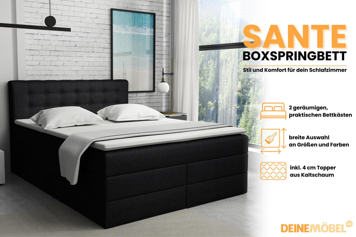 BOXSPRINGBETT SANTE 200/200 in Stoff Schwarz - Schwarz, Holz/Holzwerkstoff (200/200cm) - Deine Möbel 24