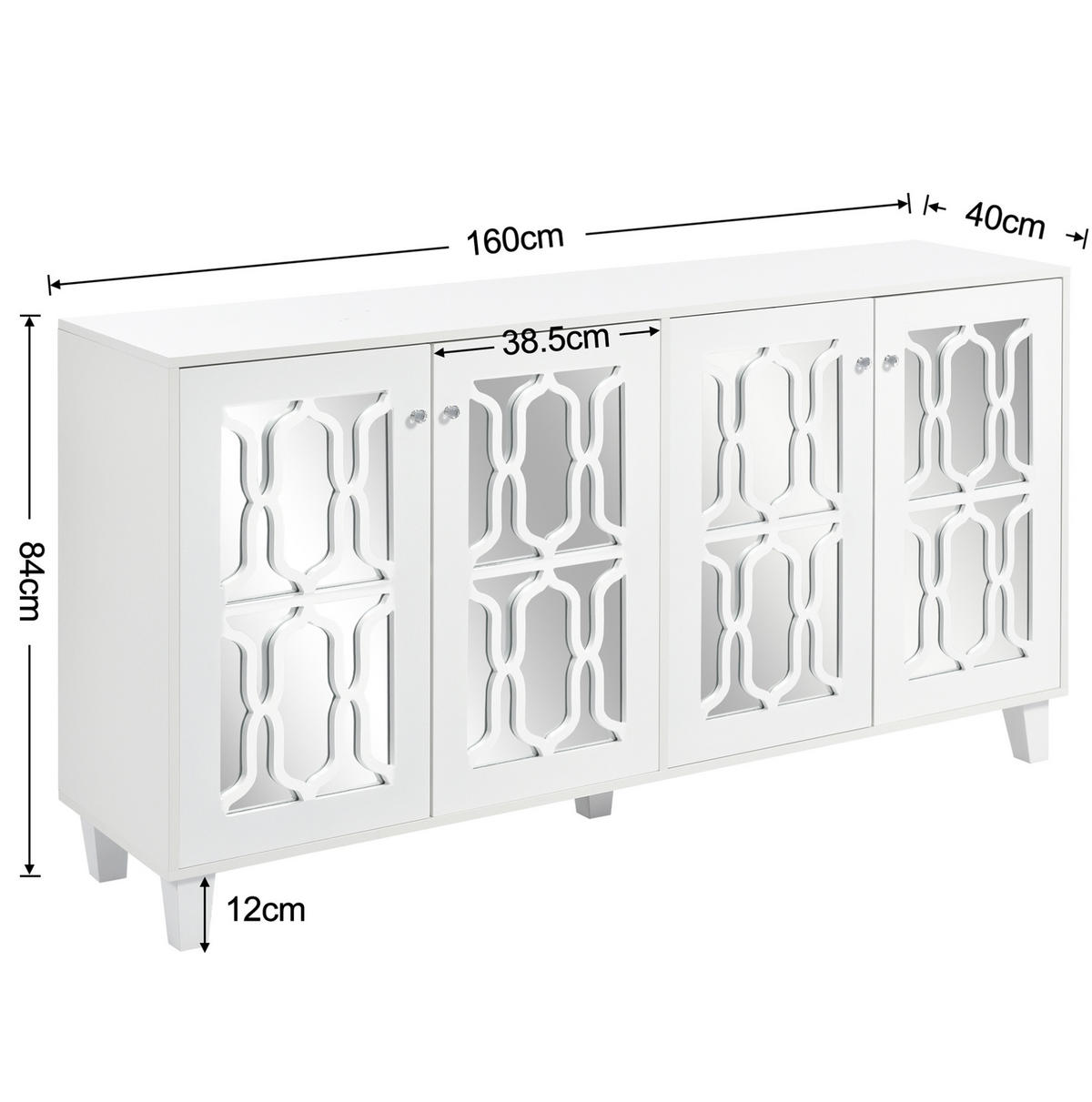ANRICHTE 160/40/84 cm in Weiß mit 4 Türen und verspiegelter Front - Weiß, Holzwerkstoff (160/84/40cm) - Flora Grace