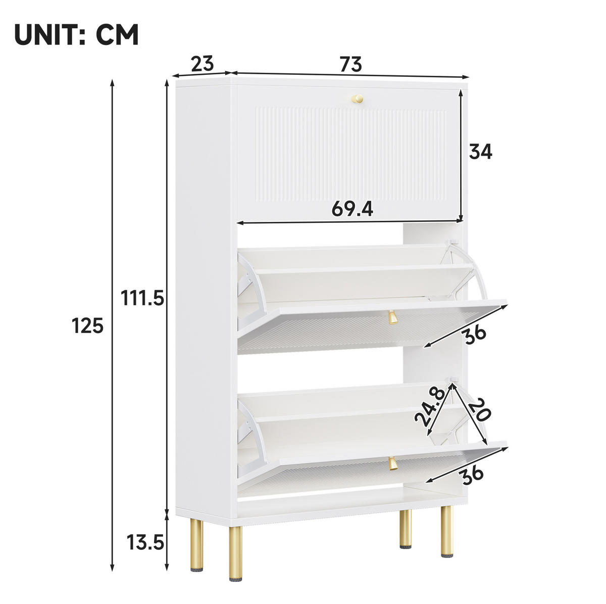 VÝKLOPNÝ Skrinka na topánky, 73/23/125 cm, MDF a drevotrieska biela, s 3 klapkami - biela, kompozitné drevo (73/125/23cm) - BEAOK