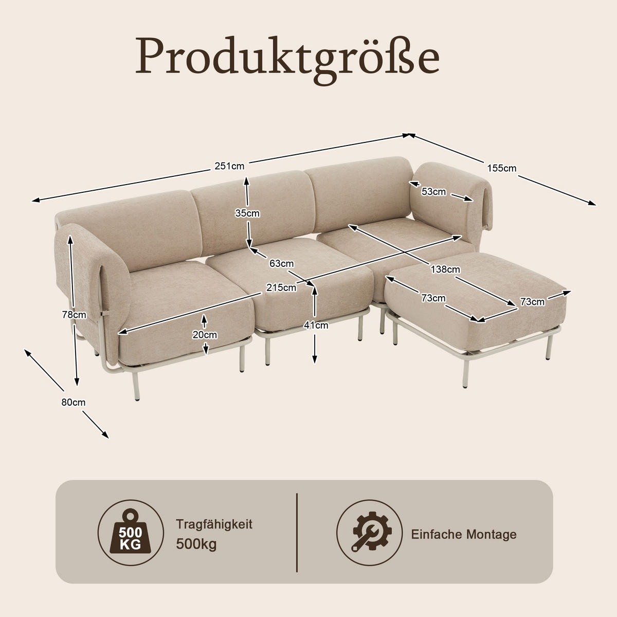 ECKSOFA 251/155/78 cm Khaki Chenille mit 1 Fußhocker - Kaschmir/Olivgrün, Textil (155/251cm) - Oxeza